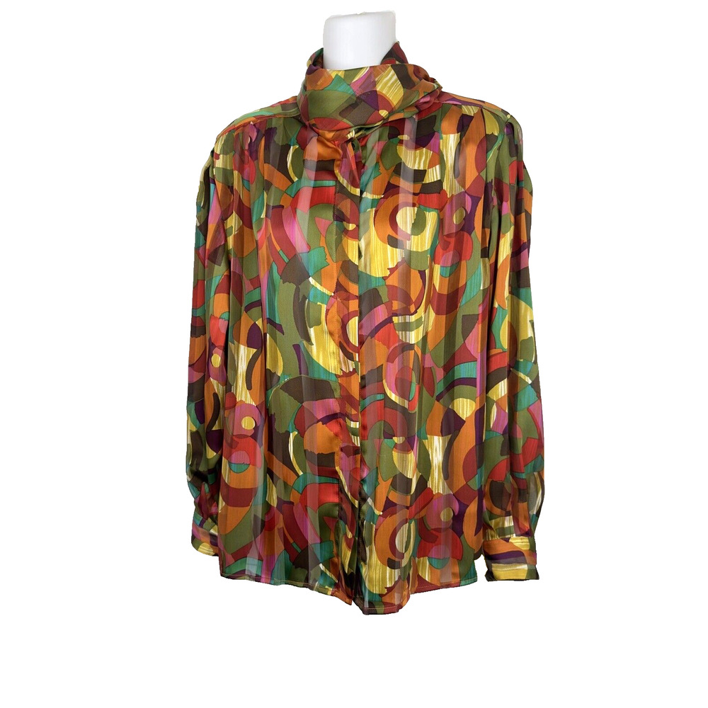 La Chine Collection by‎ Wang Neck Scarf Blouse Strong Shoulders Semi-sheer ~ 12